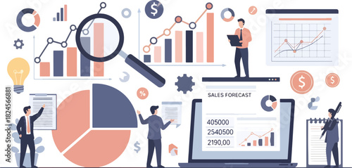 Business Analysts Analyzing Data Charts with Graphs and Reports in Office Setting