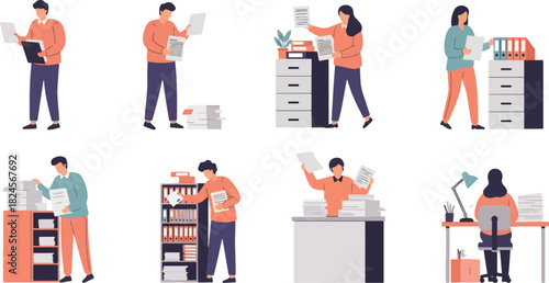 Multiple Office Workers Managing Documents and Files in Modern Workspace