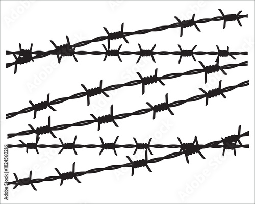 Silhouette Barbed Wire Fences on White Background Symbolizing Restriction and Danger