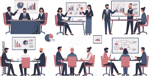 Business Meeting Team Analyzing Data Presentations in Modern Conference Rooms