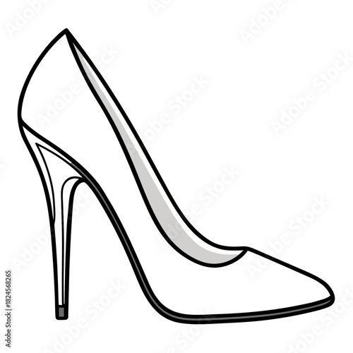 A minimalist, black and white line drawing of a classic pointed-toe high heel shoe with a slender stiletto heel.
