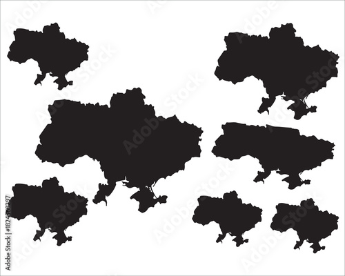 Silhouettes of Ukraine country map in various sizes and orientations on white