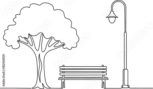 Stylized park scene illustration with tree, bench, streetlight, nature, relaxation, calm, outdoor, peaceful vector art
