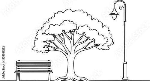 Stylized park scene illustration with tree, bench, streetlight, nature, relaxation, calm, outdoor, peaceful vector art