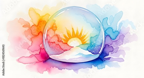 sun rising inside a clear glass sphere surrounded by rainbow watercolor alcohol ink art for spiritual healing blogs, mental health presentations, and abstract calendar covers