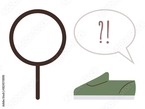 Magnifying glass emphasizes detail near green sneaker with speech bubble containing punctuation. Ideal for investigation, curiosity, inspection, inquiry, problem-solving, discovery, simple flat