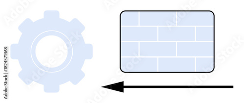 Cybersecurity system. Cybersecurity with a gear, indicating systems, and a firewall, network protection. Cybersecurity ensures secure data transfer and prevents threats. For technology, IT security