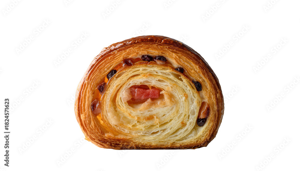 Fototapeta premium Artisan Crafted Flaky Golden Croissant Pastry Sliced in Half Revealing Savory Ham and Melted Cheese Filling Layers Isolated on Transparent Background