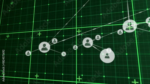 Right-edge pulse starting nodes spawning and linking, network forming on green HUD grid for data