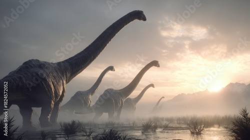 Prehistoric Dinosaurs Moving Through a Misty Landscape at Sunset