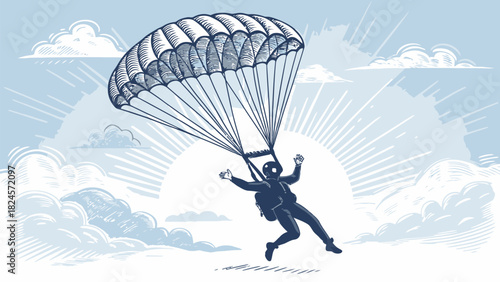 Thrilling skydiving adventure with expansive parachute against a backdrop of clouds and sunbeams, perfect for extreme sports and adventure themes
