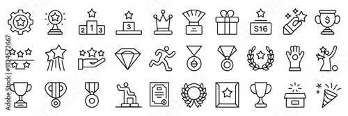 Reward web icon collection in linear style, including trophy, medal, gift, recognition, bonus and reward program elements, editable stroke, clean vector graphics for websites, apps, and user interface