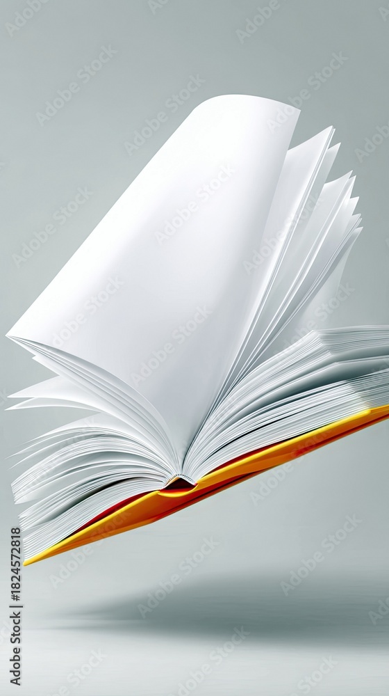 Obraz premium An open book with blank white pages is floating in the air against a soft gray background. The pages are fanned out, with some pages appearing to be in motion.