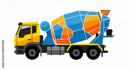 Colorful Cement Mixer Truck Illustration with Geometric Design and Yellow Cab.