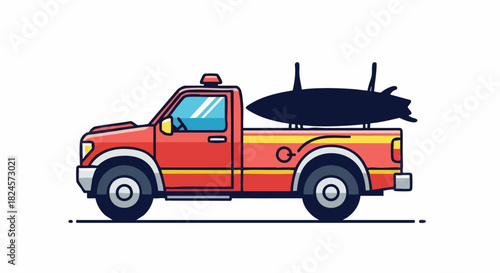 Red pickup truck carrying a black torpedo on its back for transport.