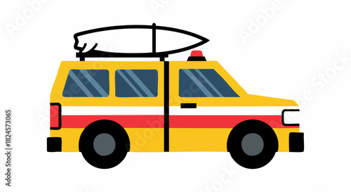 Cartoon style lifeguard truck with surfboard on roof.