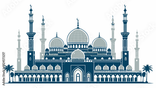 Serene Islamic Mosque Silhouette with Graceful Domes and Towers, Perfect for Cultural, Religious, or Architectural Projects, Originally a Scalable Vector Graphic