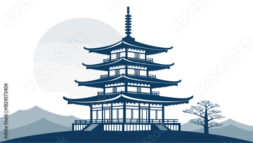 Stunning Japanese pagoda with peaceful tree and mountain landscape, perfect for travel blog or website design, conveying serenity and cultural richness
