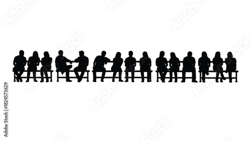 Silhouettes of people sitting on benches isolated on white background, Vector