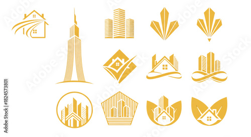Golden Real Estate Logos House Skyline Icons for Property Development and Luxury Branding