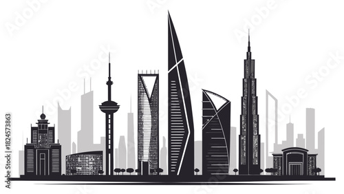 Striking cityscape silhouette featuring iconic modern architecture, perfect for urban development, global business, and travel destination marketing materials
