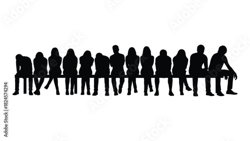 Silhouette of diverse people sitting in a row isolated on white background, Vector