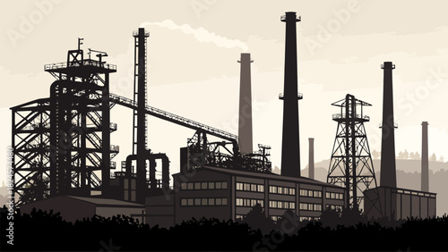 Dramatic industrial complex silhouette with towering smokestacks, conveying industrial strength, power, and manufacturing might for business or environmental projects