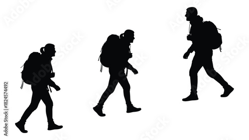 Silhouettes of hikers with backpacks isolated on white background, Vector