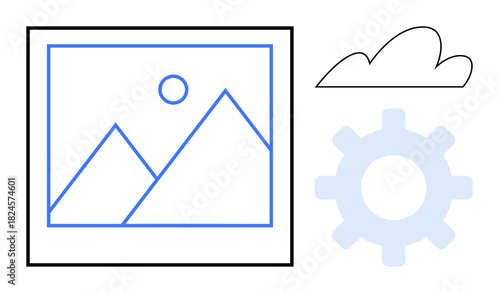 Abstract landscape with mountains and sun in a frame, a gear, and a cloud. Ideal for technology, creativity, design, innovation, digital tools process optimization and simplicity. A simple flat
