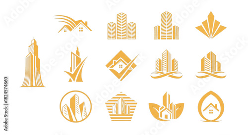Golden Real Estate Icons Set Luxury Property Development Skyline House Logos for Web Design