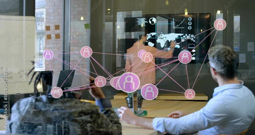 Presenter tapping screen, activating AR network, nodes expanding while ...