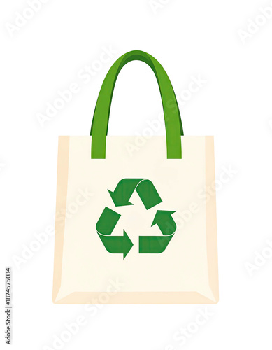 Eco friendly reusable shopping bag with green recycling symbol.