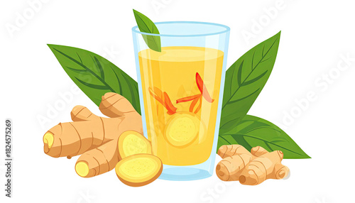 Healthy ginger drink with fresh roots and green leaves.