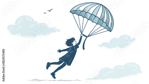 Soaring ambition with parachute, a confident girl takes flight amidst fluffy clouds, capturing the essence of freedom, adventure, and youthful optimism