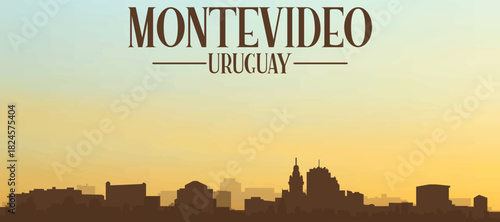 Panoramic poster of the city skyline with misty background buildings, hills sunrise, sunset and clouds of MONTEVIDEO, URUGUAY