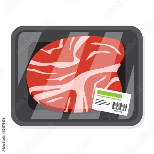 Vector illustration of packaged beef in a styrofoam tray with a label