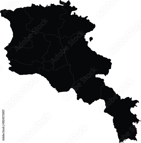 Black silhouette map of Armenia vector illustration of the countrys administrative divisions isolated on white background
