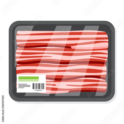 Vector illustration of packaged bacon in a styrofoam tray with a label