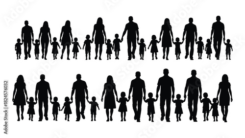 Family silhouettes walking together isolated on white background, Vector