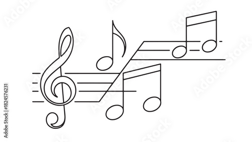 a minimalist black and white illustration depicts several musical notes and a treble clef floating freely suggesting a melody or composition