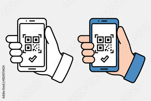 Scanning QR code vector illustration showing smartphone in hand, digital payment, e-wallet technology, cashless transactions, mobile app icon
