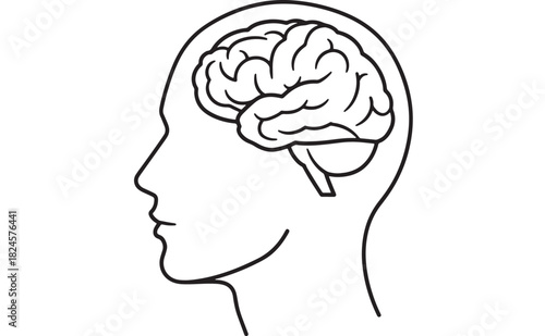a simple black and white line drawing depicts a human head in profile with a detailed brain visible inside the skull