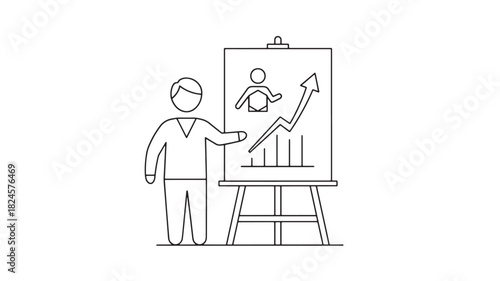 a line art depiction showcases a person presenting a graph on an easel symbolizing growth and progress in a business context effectively