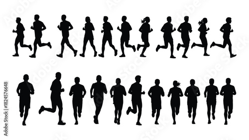 Running people silhouettes isolated on white background, Vector
