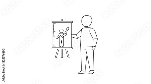 a simple line drawing depicts a person standing in front of an easel presenting a drawing of another person with raised arms