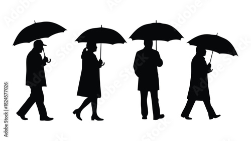 Four people walking with umbrellas silhouettes isolated on white background, Vector