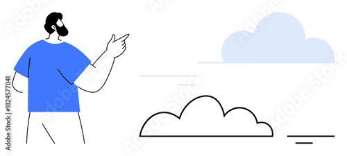 Cloud computing concept. A person interacting with abstract cloud shapes conveys the essence of cloud computing processes and digital storage. Perfect for IT, technology, connectivity, data