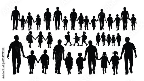 Family and children silhouettes walking isolated on white background, Vector