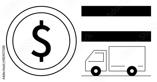 Coin with dollar sign emphasizes cost, equal sign suggests balance, and truck symbolizes shipping. Ideal for business, finance, logistics, cost analysis, delivery commerce supply chain. Simple flat