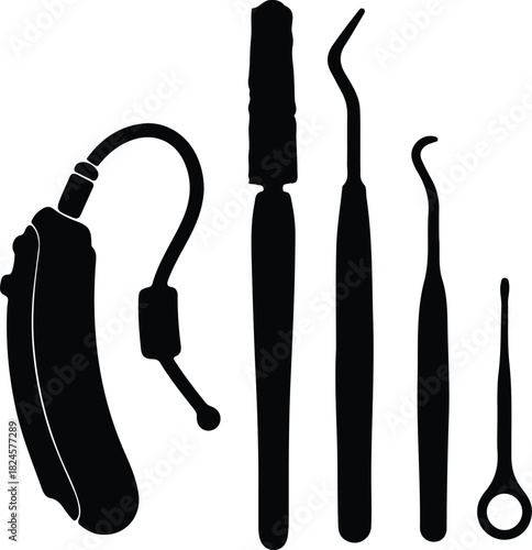 Illustration hearing aid and dental equipment instrument silhouette vector